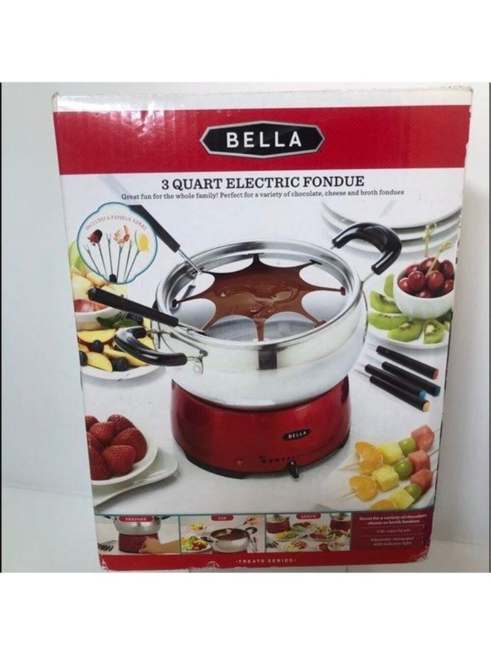 Bella 3 Quart Electric Fondue Pot With Adjustable Thermostat & 6 Forks - Red